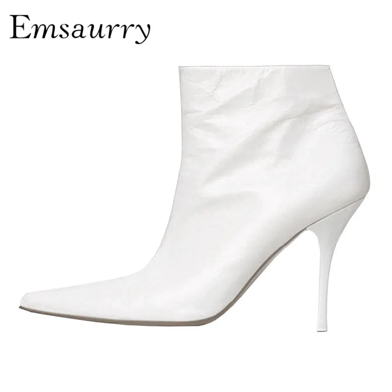 

White Patent Leather Ankle Boots Women Sexy Point Toe Thin High Heels Back V-cut Outs Autumn Winter Boots