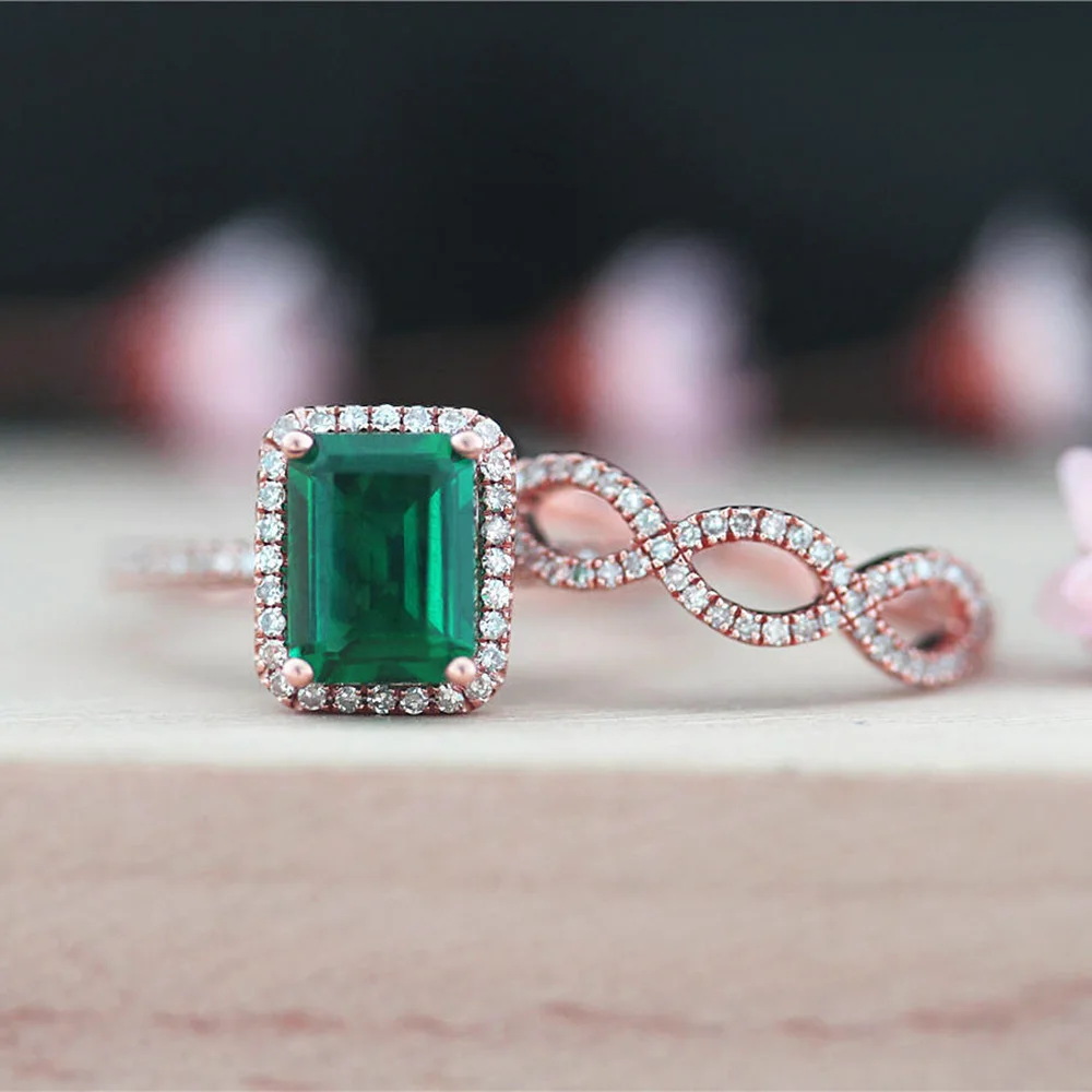 Женское кольцо с изумрудами и бриллиантами розовое золото 14 к 2CTW Moissanite
