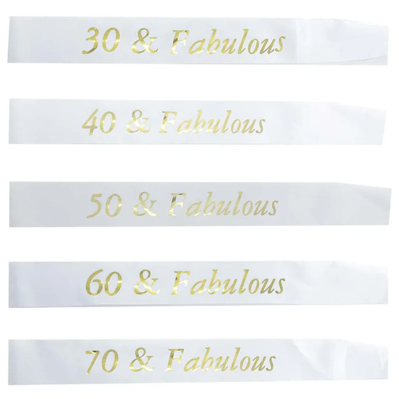 

White Birthday Sash Gold Glitter Writing 30 40 50 60 70 and Fabulous Sash for 30th 40th 50th 60th 70th Birthday Party Decoration