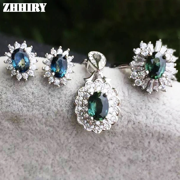 Zhhiry Для женщин Ювелирные наборы натуральный сапфир драгоценного камня Подлинная кольцо стерлингового серебра 925 серьги кулон сеть