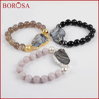 

BOROSA Galaxy Quartz Titanium Bracelet Chalcedony Connector With 10mm Agates Crystal Druzy Beads Gems Bracelet for Women 1325