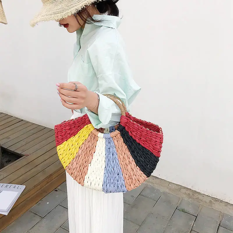 

womens brand bag Korean handbag Foreign Of Colorful The Semicircle Art Beach Bag 2019 Travel Pictures Props Straw Bag Moon Bag