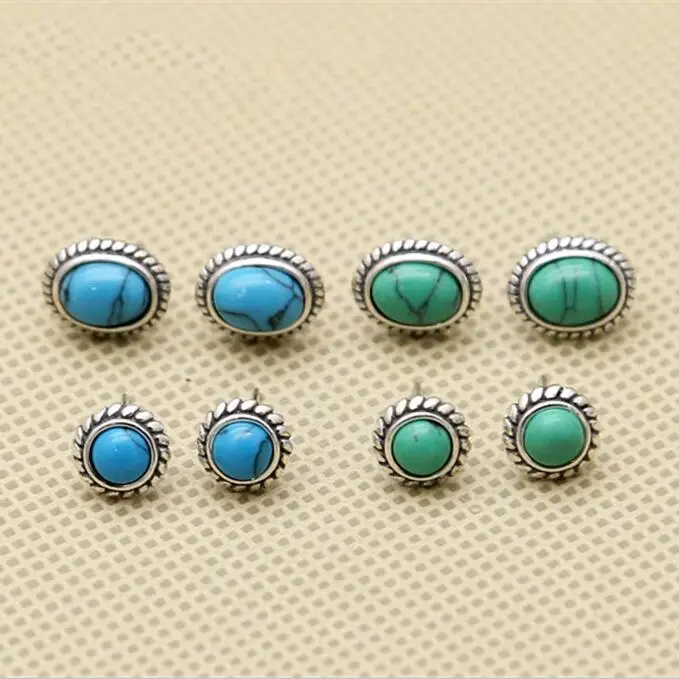

Vintage Solid 925 Sterling Silver Stud Earring Women With Blue/Green Stone Handmde Silver 925 Jewelry Simple Brief Design Gifts