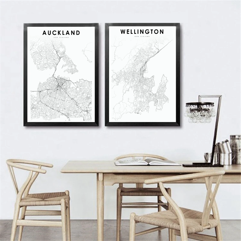 New Zealand Map Canvas Art Prints and Posters Wellington and Auckland City Street Road Painting