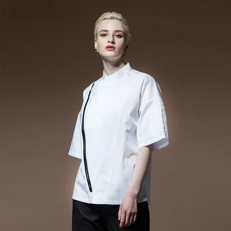  Summer New Restaurant&Pantry&Hotel Woman Man Short Sleeve Thin Kitchen Chef Jacket Zipper Chef Unif - 32881821345