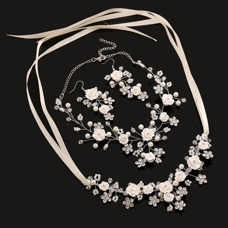 3 шт наборы свадебных ювелирных изделий оптом цветок ожерелье серьги ручной работы свадебные аксессуары жемчужный комплект ювелирных изделий