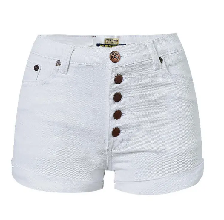 Высокая Талия белый бордшорты Для женщин пуговицы в один ряд модные, пикантные джинсовые шорты женские Push Up тощий тонкие джинсовые шорты