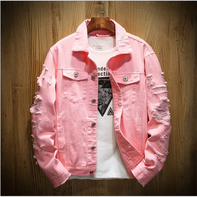 

Denim Jacket Men Ripped Holes Mens Pink White Jean Jackets New 2019 Garment Washed Mens Denim Coat
