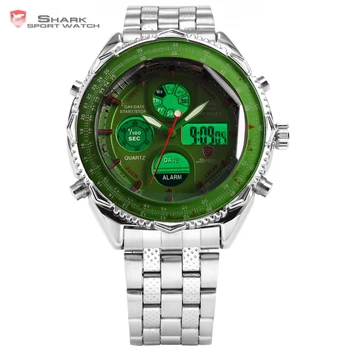 

SHARK Sport Watch Dual Time Digital Day Date Display Silver Stainless Steel Green Dial Racing Quartz Digital Men Relogio / SH112