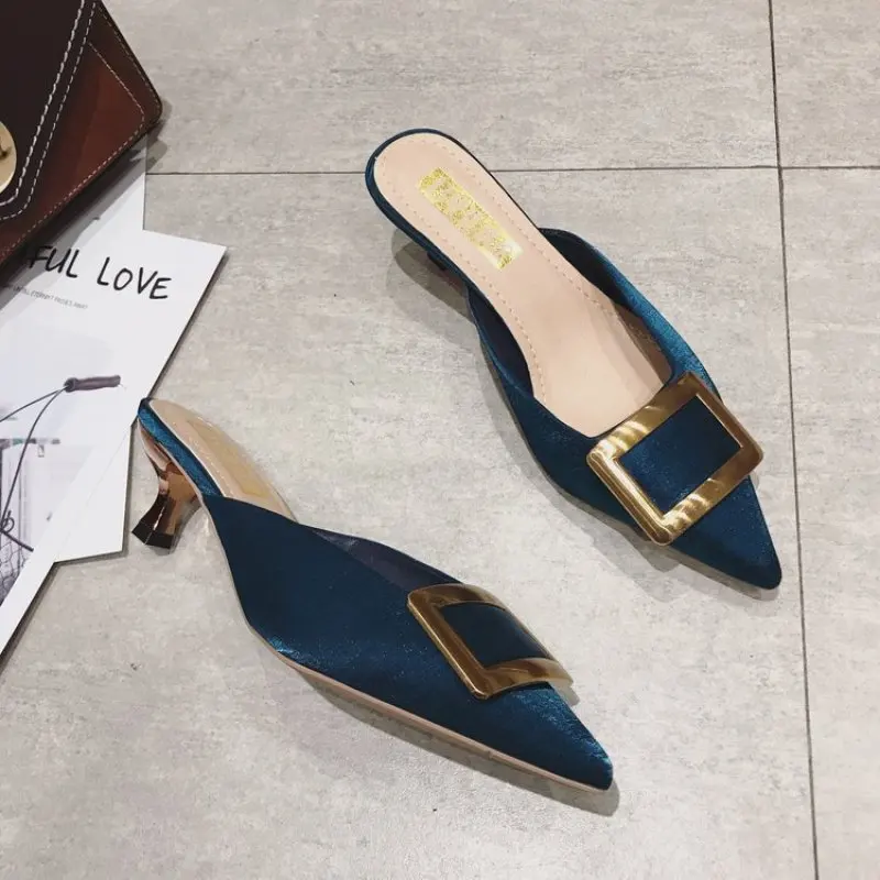 

Metal buckle High Heel Women Pointed Toe Ladies Female Slides Platform Slippers Summer Fashion Flip Flops Mules Shoes Woman 2019
