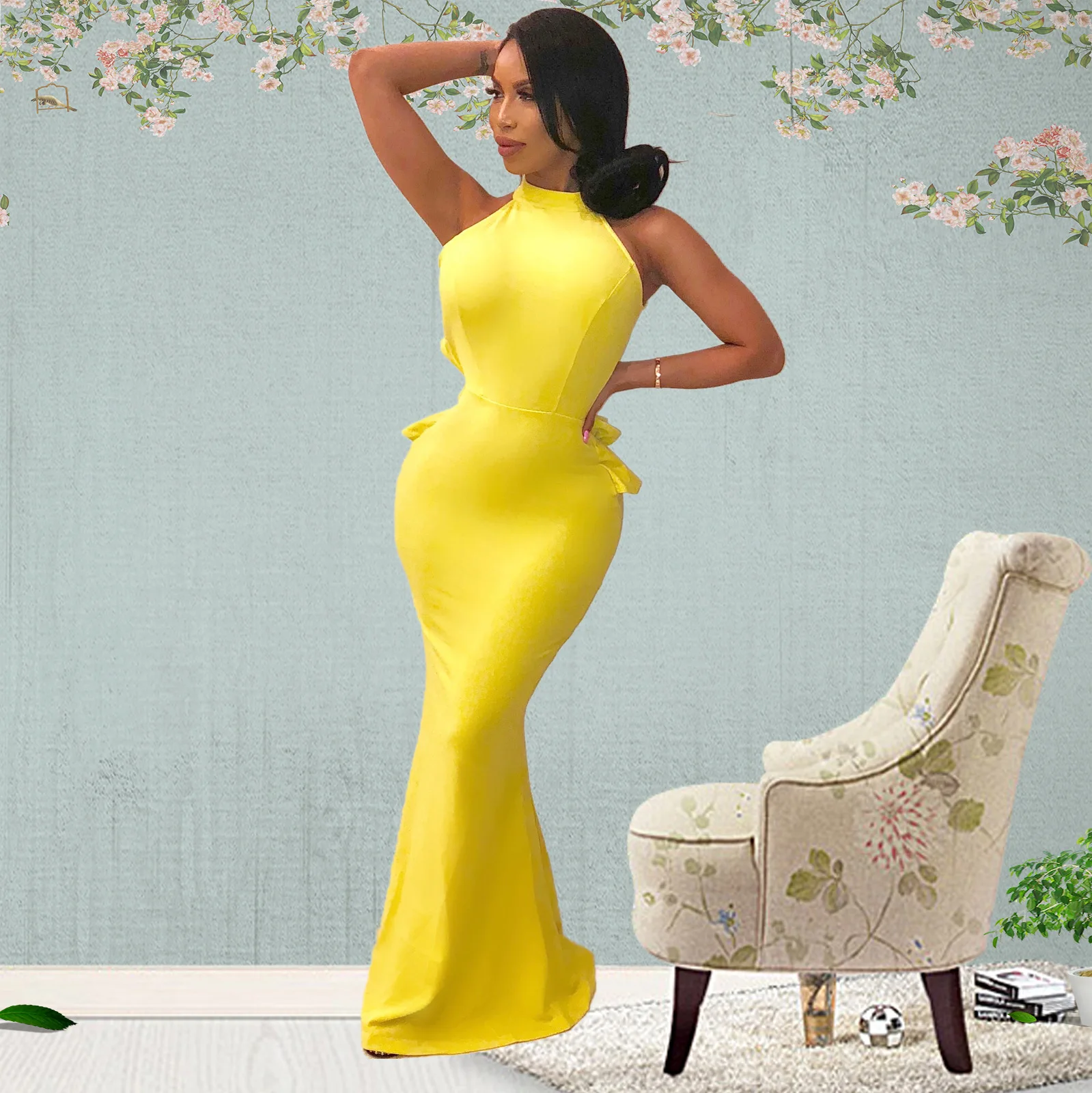 Летнее Платье макси с объемной розой на спине, женское платье с открытой спиной и бретелькой через шею, высокое качество, вечерние платья с оборками, Vestidos - Цвет: Цвет: желтый