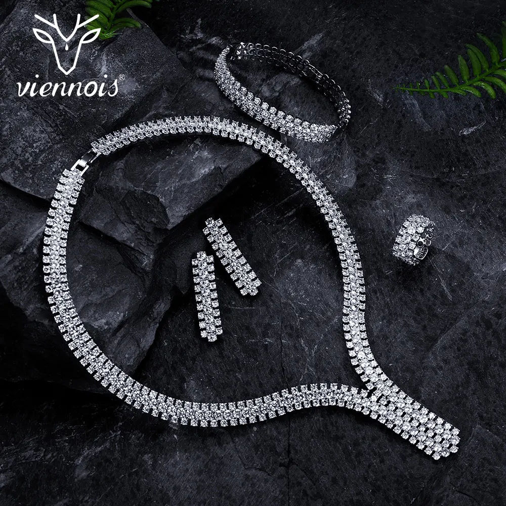 

Viennois Silver Color Rhinestone Jewelry Sets For women Rhinestone Paved Necklaces Earrings Ring Bracelet Set Rhinestone Jewelry