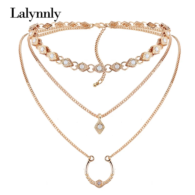 

Lalynnly 2017 Hot Boho Collar Necklace Jewelry Fashion Magnetism Button Multilayer Choker Necklaces Bracelets Set Women N55481