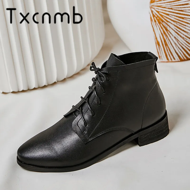 

TXCNMB New Genuine Leather Square Heels Boots Women Pointed Toe Black Western Ankle Boots Casual Shoes Woman Large Size 43