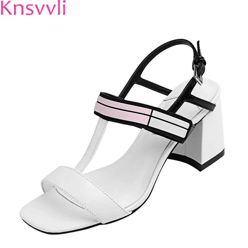 

Knsvvli summer black and white mixed color T-tied chunky heel ladies sandals one word buckle square toe high heels sandals women