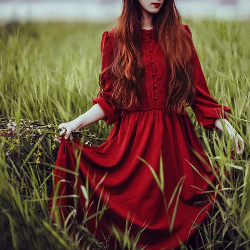 

2018 Spring Autumn Vintage England Style Literary Range Three Quarter Lantern Sleeve Vestido Slim Women's Red One-Piece Dress
