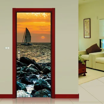 

Door Stickers Sunset Rocks Sea Sailing Boat Wallpaper Self-adhesive Art Mural Window Decor Stickers Home Decor