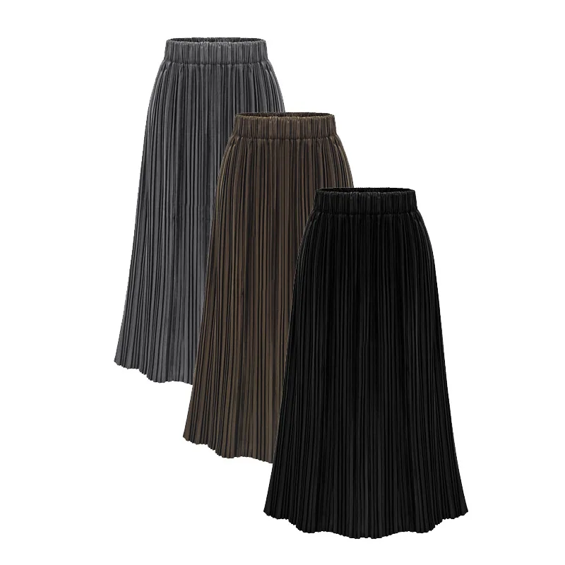 Модная Осенняя Женская плиссированная однотонная эластичная юбка до середины икры с высокой талией, женские черные повседневные юбки размера плюс 5XL