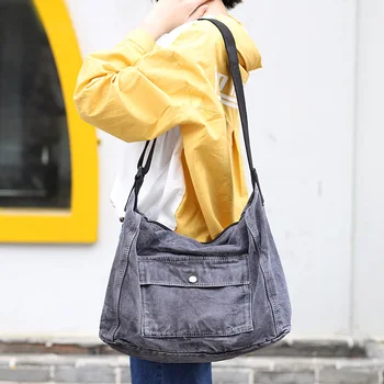 

2020 Women Big Canvas Shopping Bags Large Tote Messenger Bags Young Girl Washed Canvas bag Grey Green Apricot