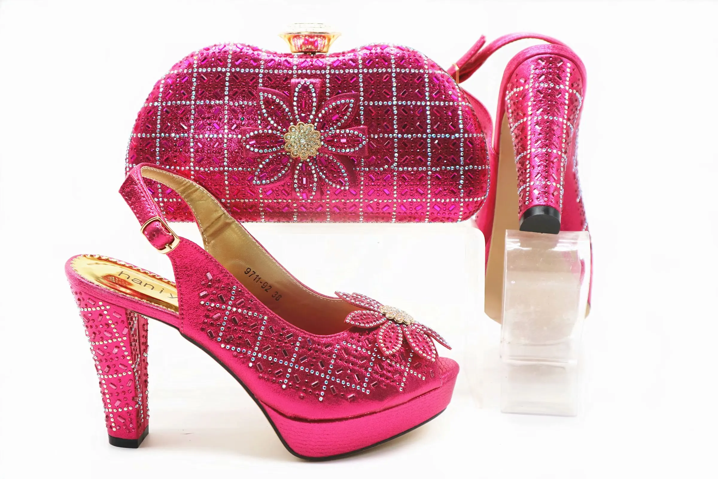 

Free shipping in fushia pink color rhinestones african aso ebi party shoes and bag set sandal shoes and clutches bag SB8384-5