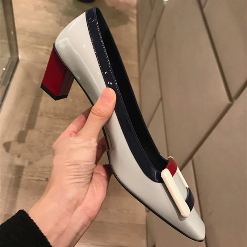 

2017 Spring Summer Shoes Woman Shallow Pumps Square Buckle Square Toe Pumps Patent Leather Designer Party Women Shoes Med Heels