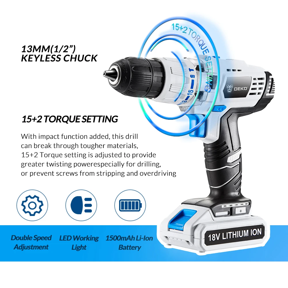 DEKO GCD18DU3 18V 50N.m DC New Design Power With 2 Lithium-Ion Battery BMC Box Electric Cordless Drill Screwdriver Impact Driver