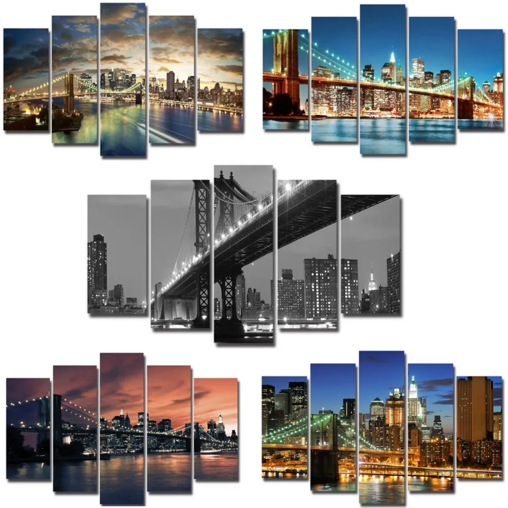 

5 pieces canvas painting bridge night city building set wall mural picture printing artwork framed for living room decorative