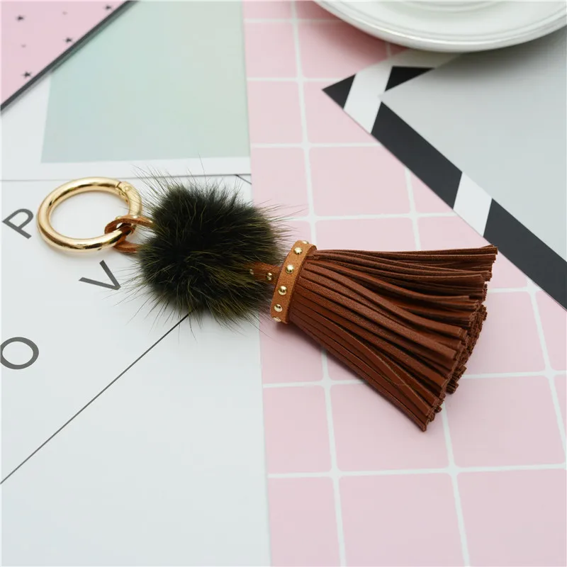 

Felyskep Hot Sale Korean Style PU Leather Tassels Keychains With Mink Fur Ball For Women Bag Pendant Keyrings Jewelry 235WA