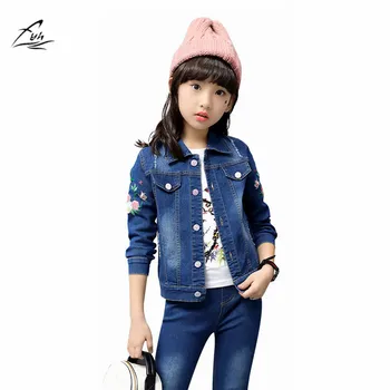 

FYH School Girls Denim Clothing Set Autumn Spring Jean Jacket+Denim Pants Jeans 2pcs Floral Embroidery Children Girl Denim Suit