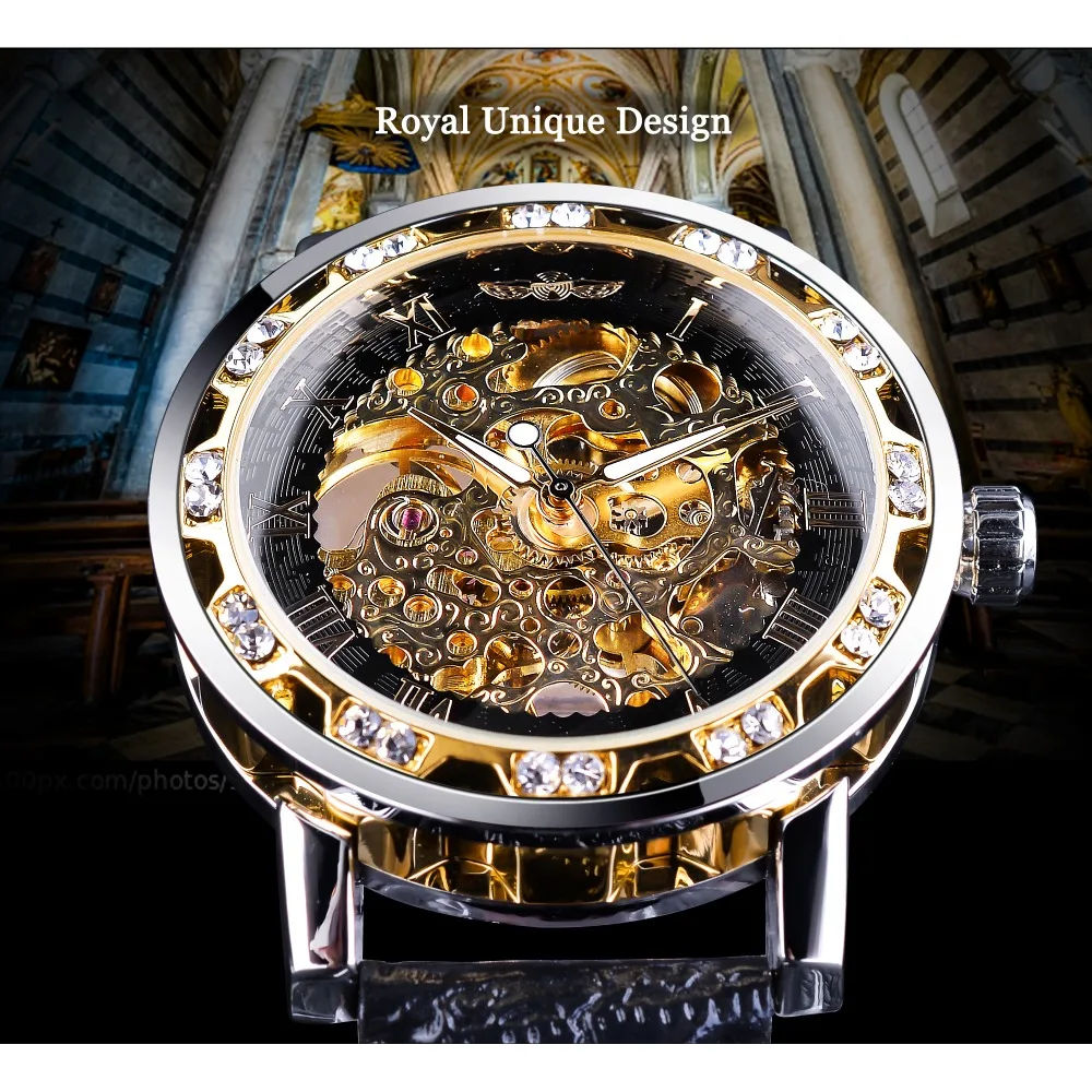 Online Winner Black Golden Retro Luminous Hands Fashion Diamond Display Mens Mechanical Skeleton Wrist Watches Top Brand Luxury Clock