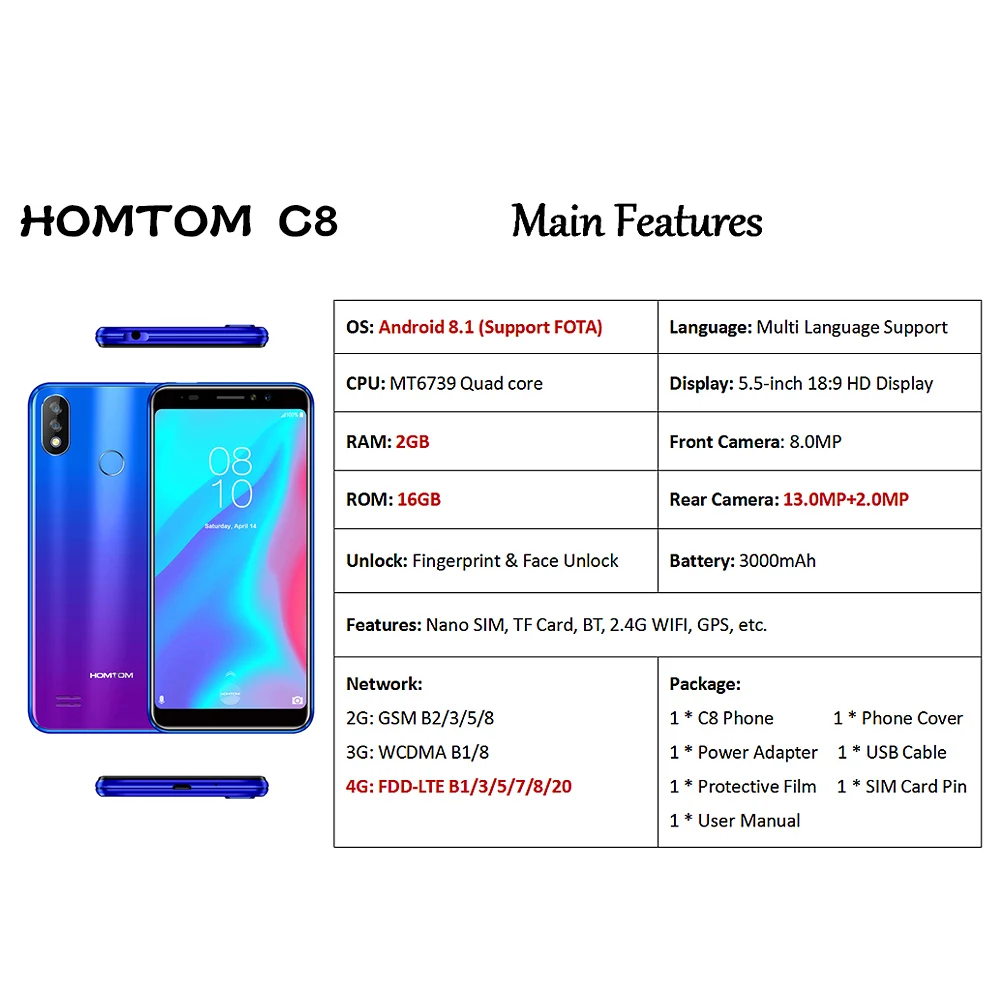 HOMTOM C8 4G 5,5 ''Android 8,1 MTK6739 4 ядра 1,3 GHz2GB RAM 16GB ROM 13.0MP смартфон отпечатков пальцев Face ID 3000 mAh смартфон