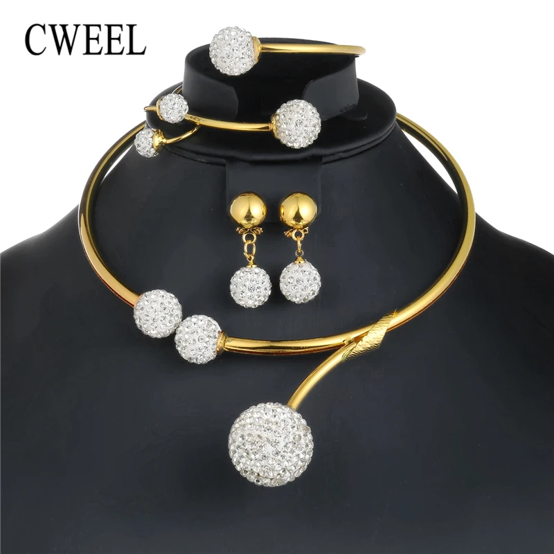 

CWEEL African Beads Jewelry Set in Gold Color Bridal Jewelry Sets For Women Indian Wedding Jewelry Ball Fashion Necklace Set