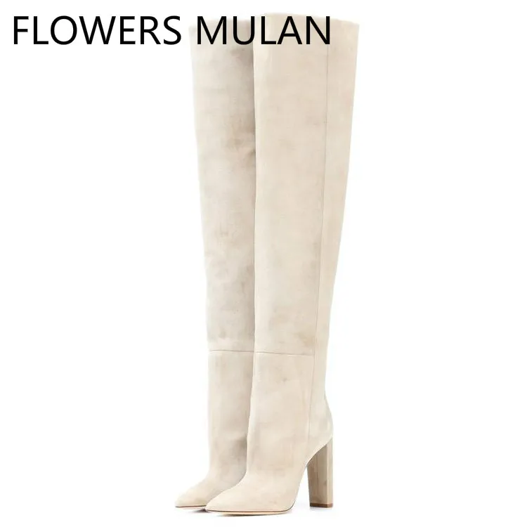 

Fashion Beige Color Suede Upper Women Long Boots Over The Knee Sexy Pointed Toe High Sqaure Heel Winter Shoes Woman Slip On