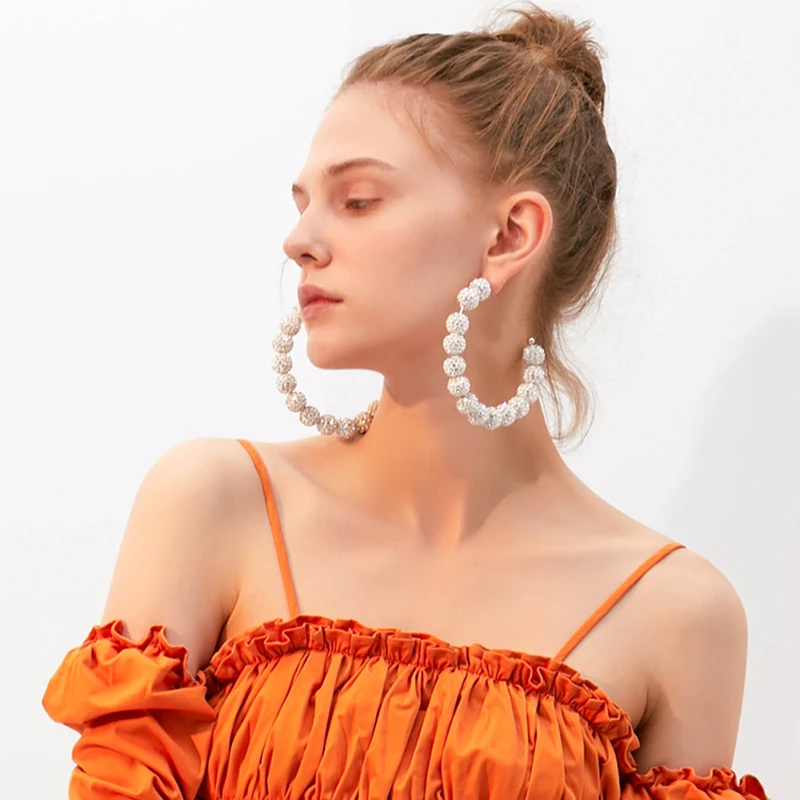 

Hypoallergenic earrings large circle rhinestones hoop earrings exaggerated stage jewelry about 9cm ball beads Elegant earrings
