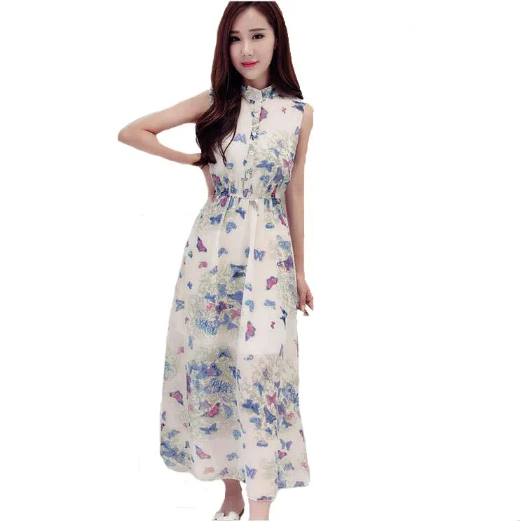 Summer women chiffon dress sleeveless floral print ladies beach dresses maxi long female vestido plus size XXL plus-floral-dress : image Summer women chiffon dress sleeveless floral print ladies beach dresses maxi long female vestido plus size XXL plus-floral-dress