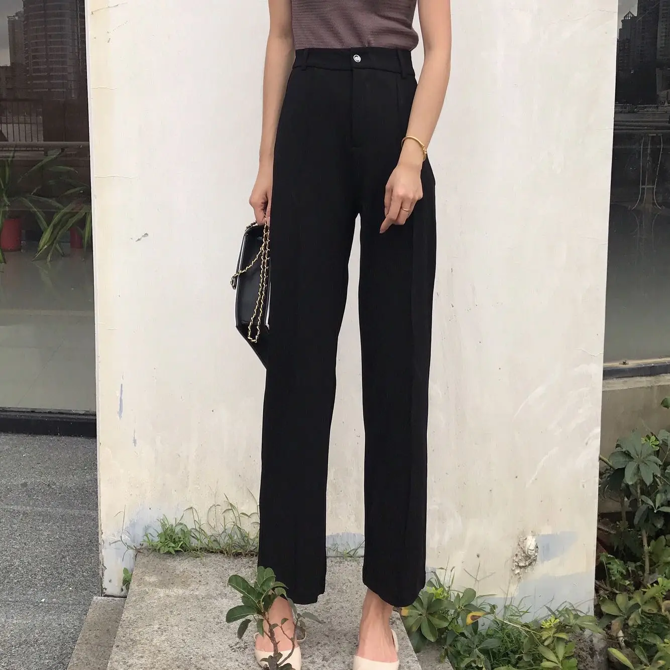 Pants Women New Chic Korean Style High Waist Loose Ankle-length Trousers Womens Leisure Simple Elegant Solid Straight Pant Soft