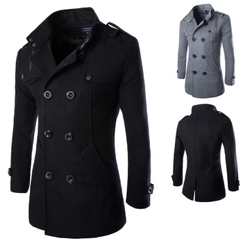 

Autumn Winter Men's Jackets Fashion Casual Blend Jacket Male Woolen Coat Double Breasted Outerwear Coat Male Black
