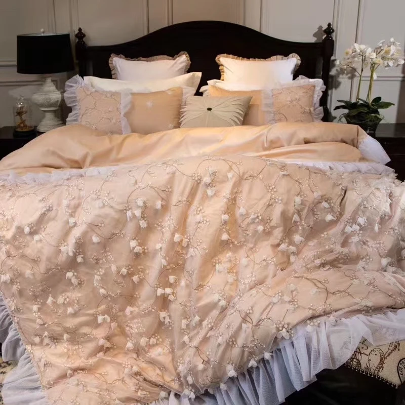 

Delicate lace ruffle bedding set 4pcs 60s Egyptian Cotton linens King Queen size princess pink bed sheet set Double duvet covers