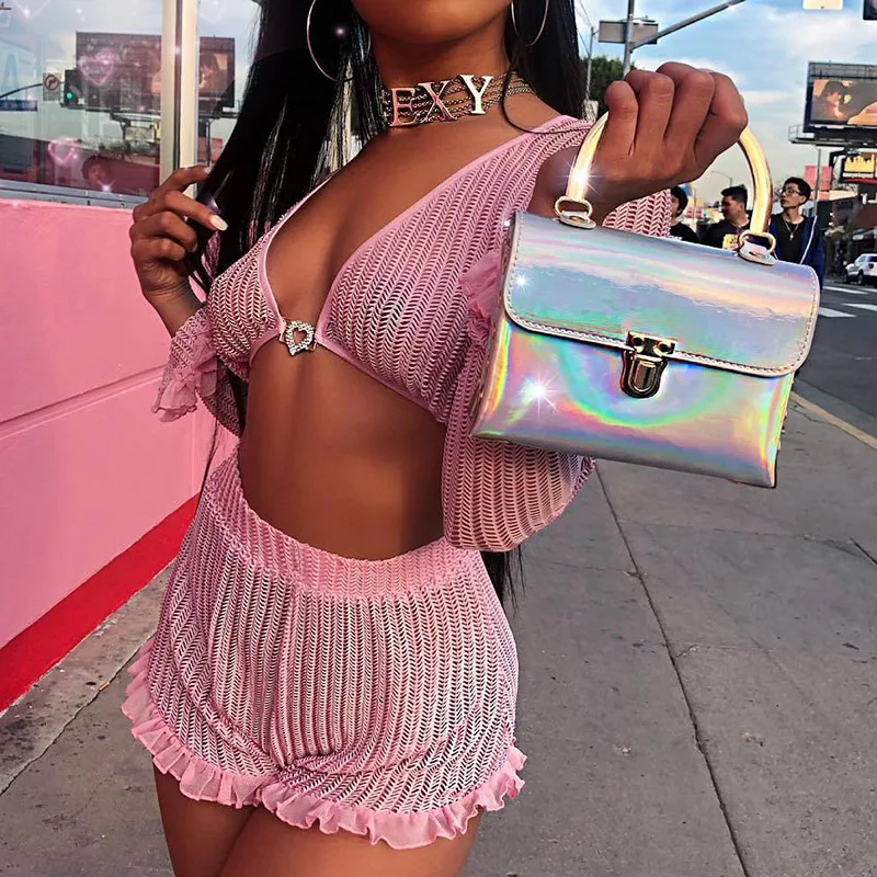 

Hot Sale Summer Patchwork Chiffon Matching Sets Low Cut Long Sleeve Crop Tops Sexy Strong Elastic Hot Shorts Office Lady Outfits