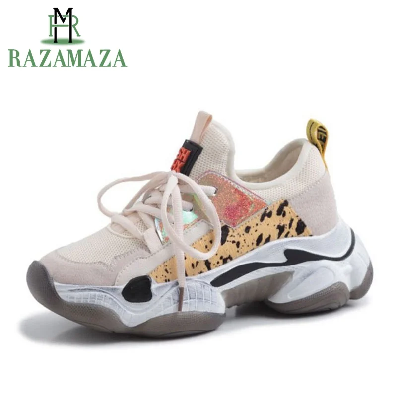 

RAZAMAZA Genuine Leather Young Leopard Thick Bottom Mixed Colors Vulcanized Shoes Women Daily Casual Sneakers Club Size 35-42