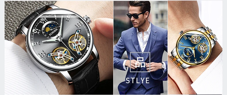 Double tourbillon Luxury Men watch Automatic mechanical Watch BINGER Famous Brand Watch Gold Case Blue Dial Double relogio