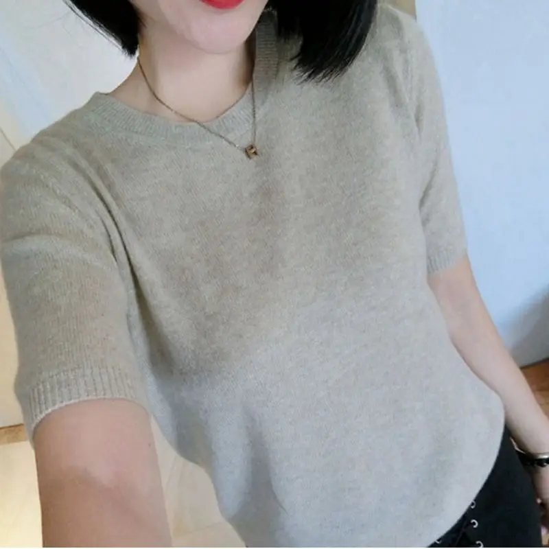 2019 Women's Cashmere Oversize code Round neck  Short Sleeve Knitted Pullover Tee Base T Wool Cashmere Sweater Women Jumper