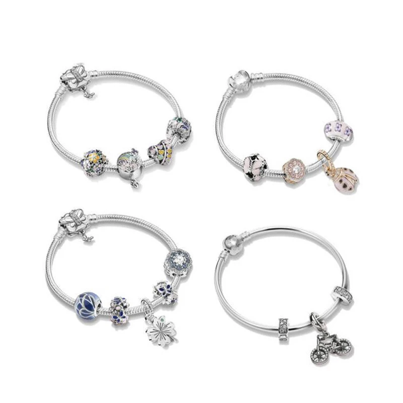 

925 Sterling Silver Butterfly Flower Ladybird Four-Leaf Clover Bracelet Set Bracelet Fit Women Pan Bracelet DIY Jewelry