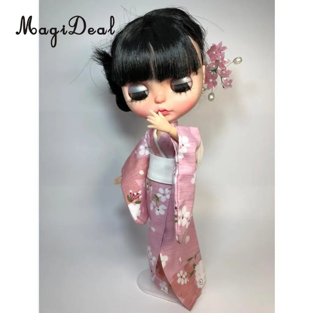 Gorgeous 1/6 Dolls Japanese Style Kimono Outfits for Blythe for BJD Dolls Accessories Blue Cherry Blossoms