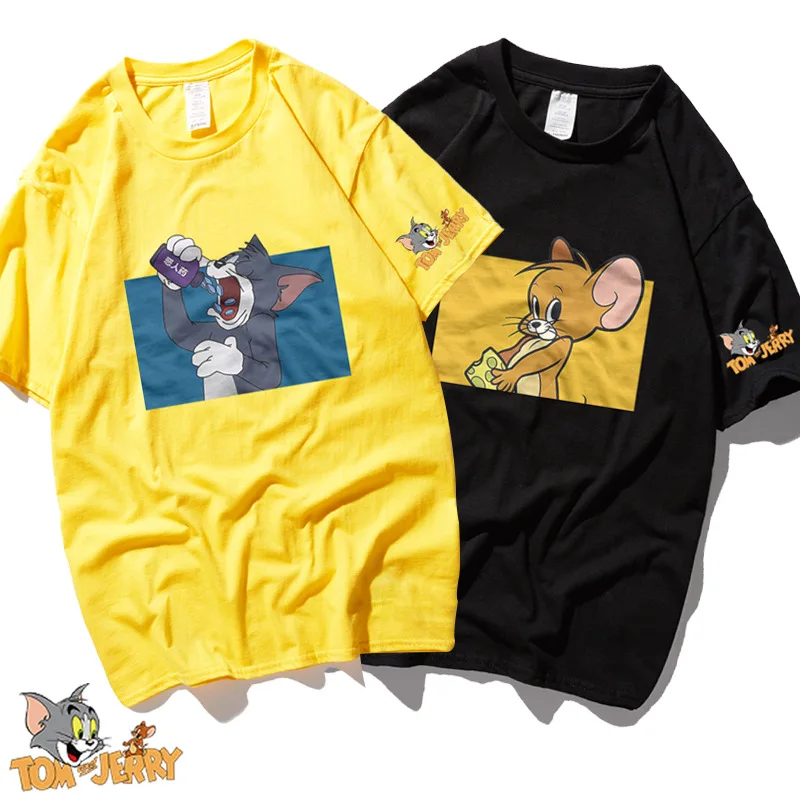 

New Fashion Solid color Tom and Jerry Print 100% cotton t shirt Harajuku top quality Men loose funny t-shirt Hanukkah Off White