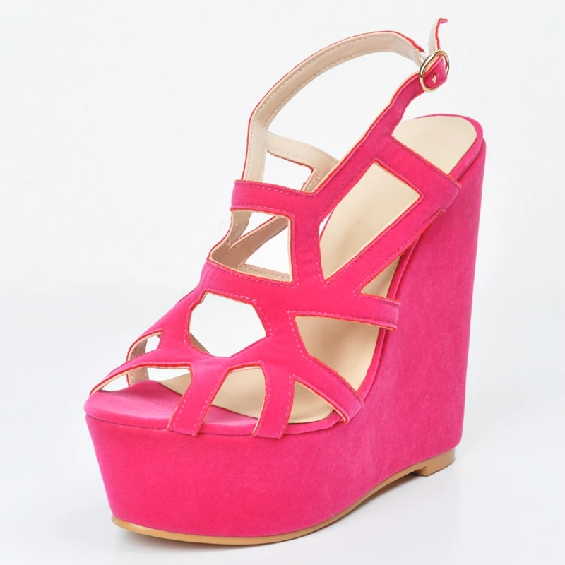 Hot Pink Faux Suede Women Sandals Wedges Heel Platform Open Toe Cut Out ...