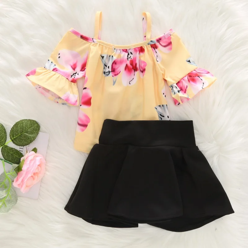 

Toddler Girl Clothes Summer Fashion Girl Elastic Flare Sleeve Floral Printing Top And Air Wrinkled Princess Skirt Set 1-5Y