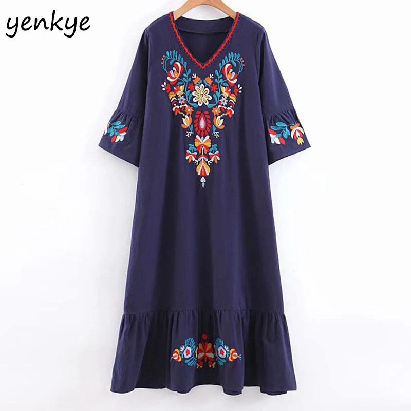 

2019 Women Ethnic Vintage Linen Floral Embroidery Dress Lady V Neck Flare Sleeve A-line Casual Holiday Summer Dress Plus Size