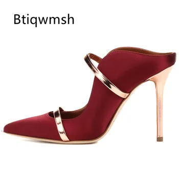 

2019 Luxury Satin Mules Sandals Women Pointed Toe Rhinestone Double Belt High Heels Shoes Woman Sexy Wedding Shoes