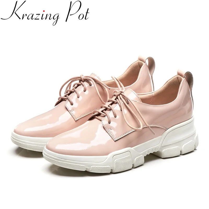 

2019 fashion round toe genuine leather med heels lace up platform sneakers increasing casual solid women vulcanized shoes L12